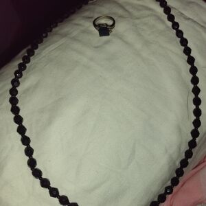 Sapphire Like Beaded Necklace and Sapphire And Tiny Diamond Ring Set